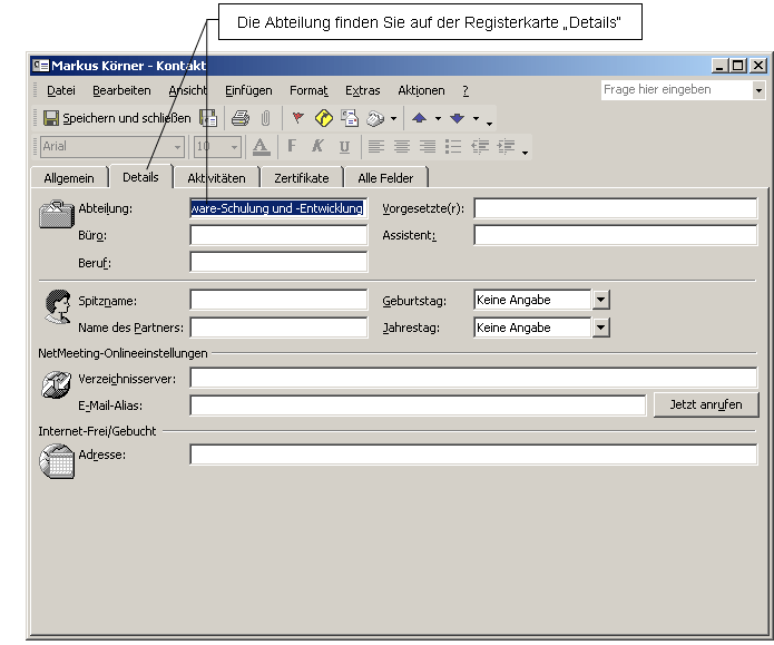 Abbildung 20: Kontaktformular in Outlook® - Details