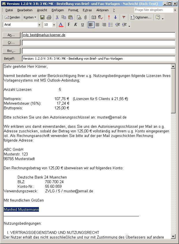 Abbildung 61: Mail zur Lizenzbestellung