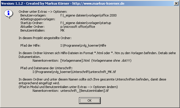 Abbildung 17: Informationsbox "Settings" über <Alt> + <S> oder über Symbol "Einstellungen" aufrufbar