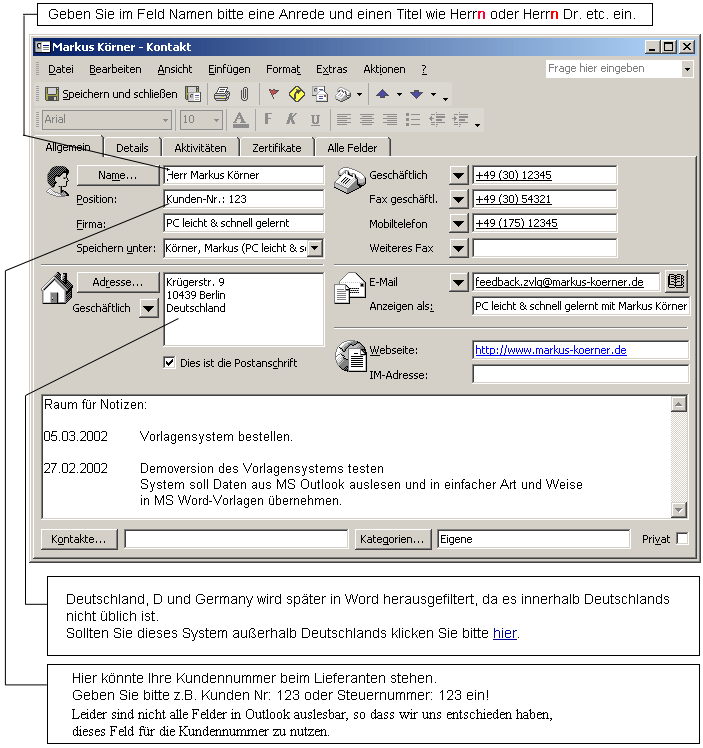 Abbildung 19: Kontaktformular in Outlook® - Registerkarte Allgemeines