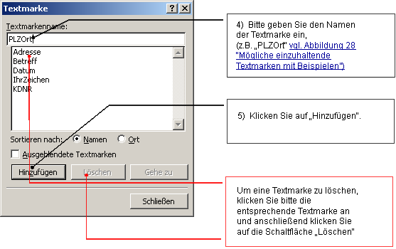 Abbildung 30: Dialogbox zum Einfügen (bzw. Löschen) von Textmarken