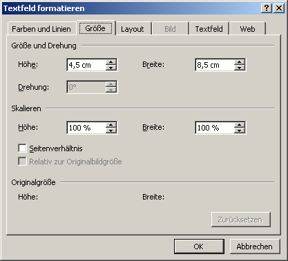 Abbildung 33: Textfeld formatieren ' Größe festlegen